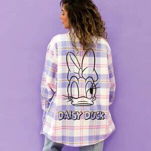 Cakeworthy x Disney Daisy Duck Flannel Shirt Womens Large White Purple Plaid
